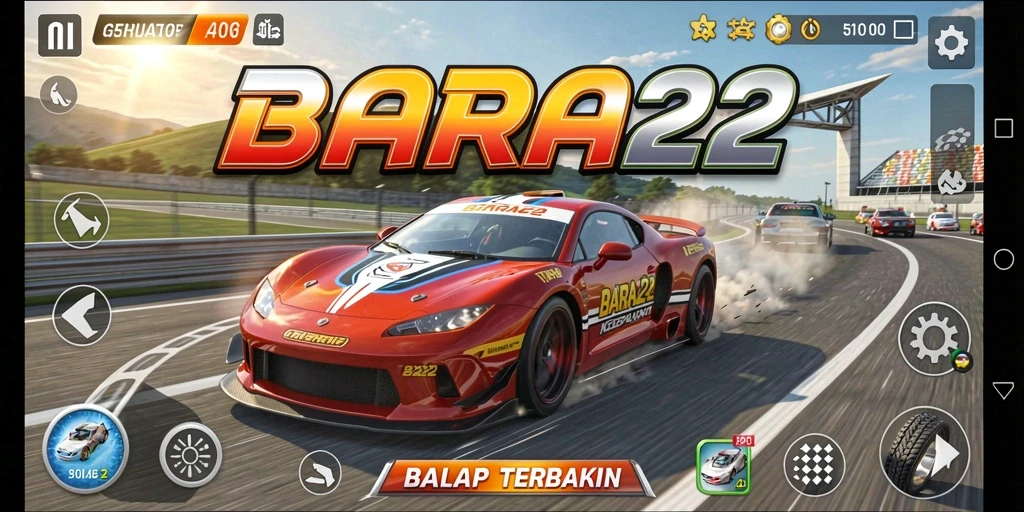 Screenshot BARA22 menampilkan mobil balap di lintasan yang menantang.