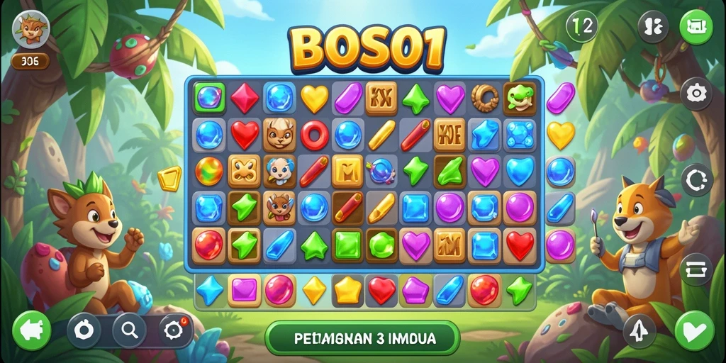 Screenshot gameplay BOS01 menampilkan aksi mencocokkan tiga atau lebih permata.