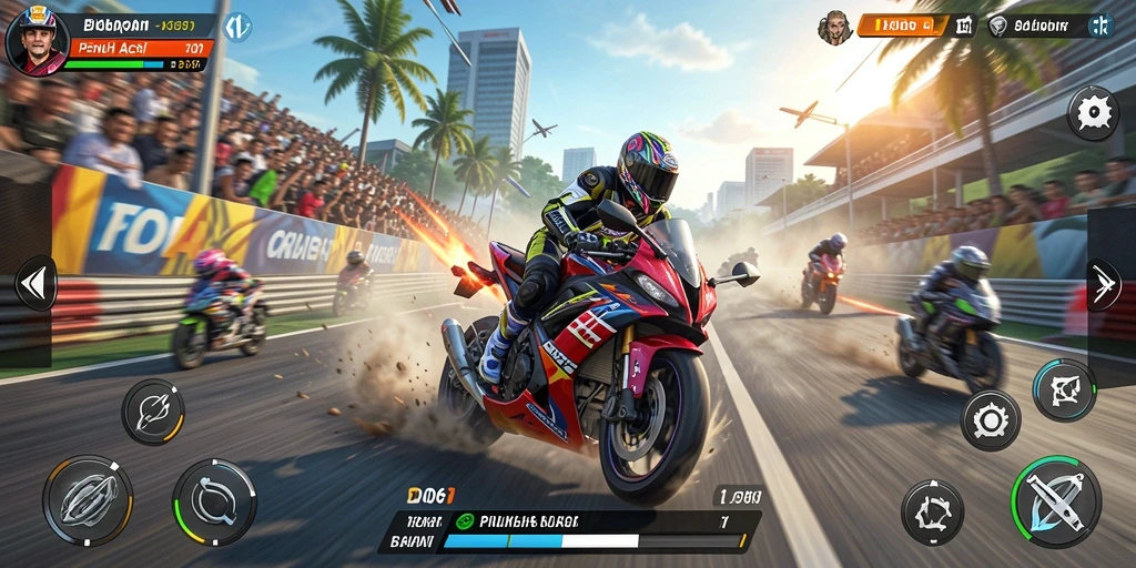 Tampilan gameplay motor racing yang intens dan mendebarkan.