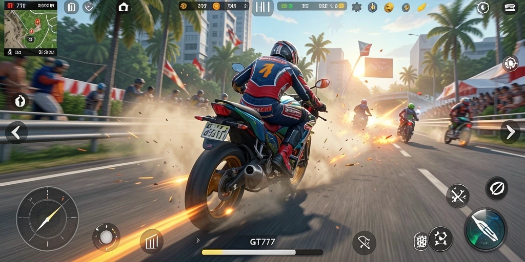 Tampilan aksi balapan motor yang seru dan menegangkan.