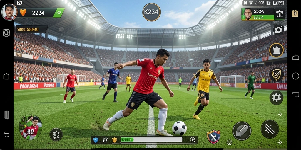 Screenshot gameplay K234 menampilkan aksi sepak bola yang mendebarkan.