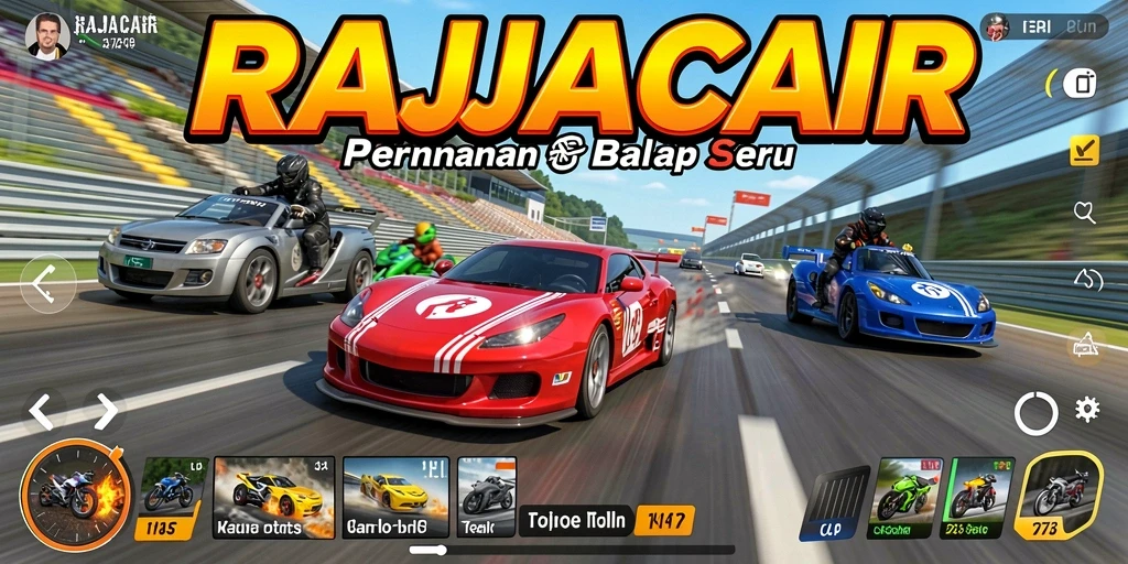 Tampilan gameplay seru dari RAJACAIR dengan mobil balap di lintasan.