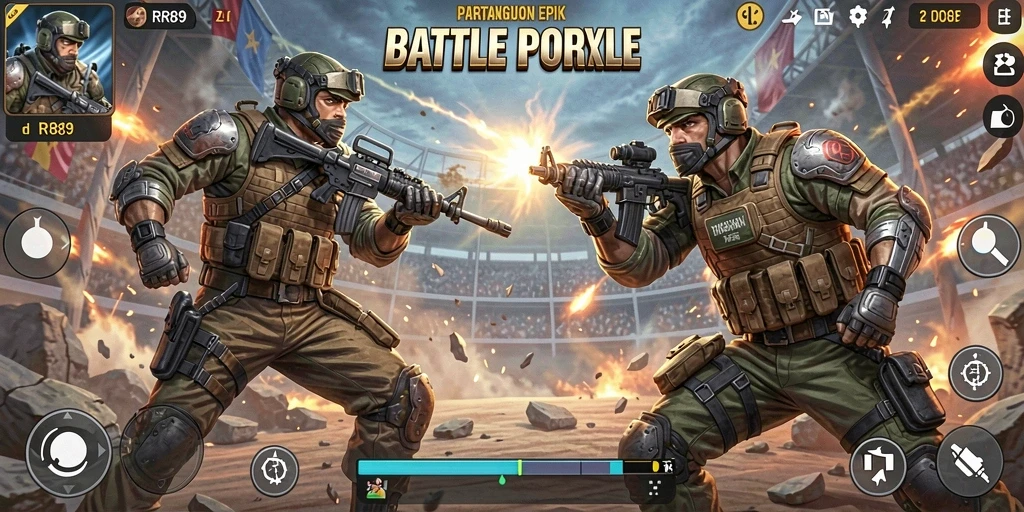 Screenshot gameplay RR89 menampilkan aksi seru dalam pertempuran Battle Royale.